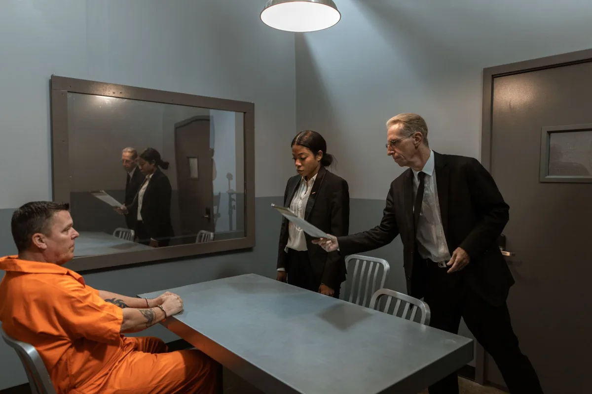 Intense interrogation scene featuring detectives interviewing a prisoner handcuffs a dimly lit room.